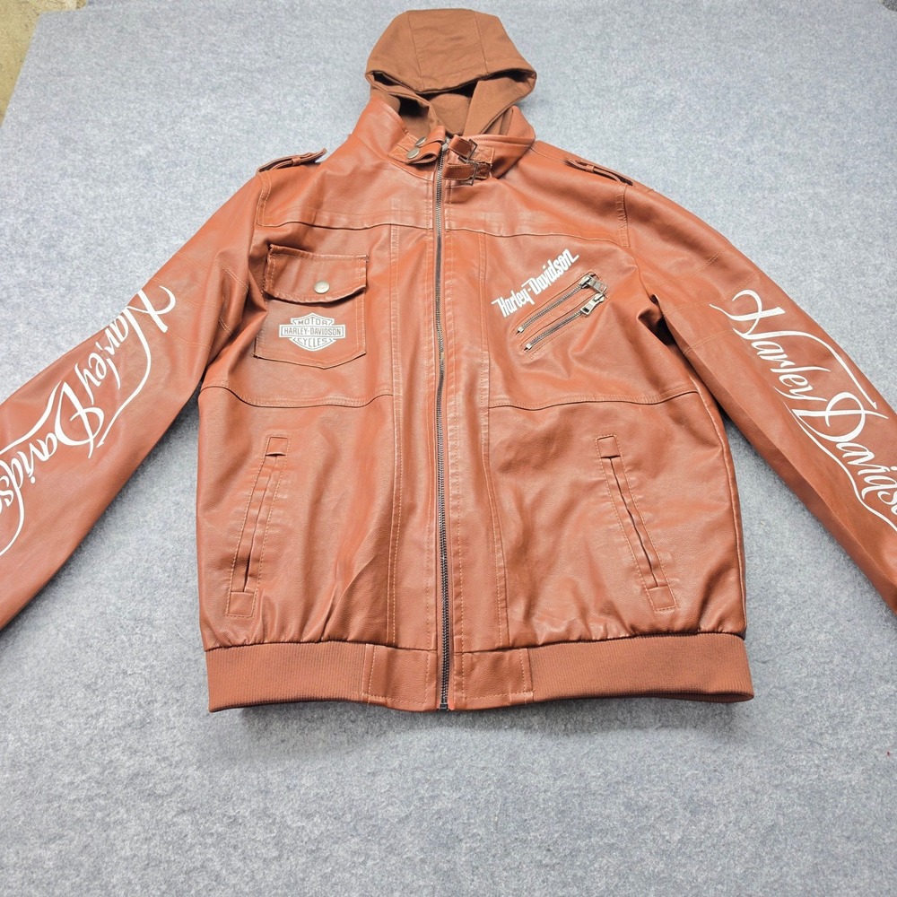 Harley-Davidson Large Men Faux Leather Hooded Bomber Jacket Brown Graphic